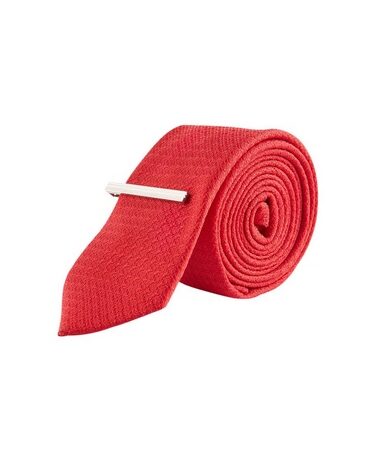 Mens Red Texture Tie with Clip, RED