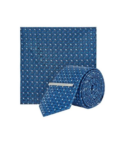 Mens 1904 Blue Geometric Tie And Clip Set*, Blue