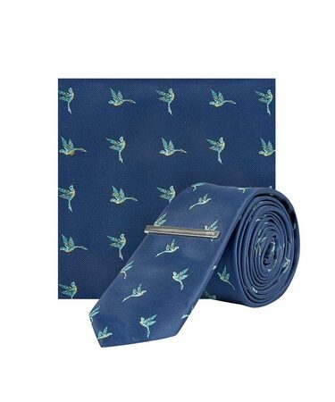 Mens 1904 Navy Hummingbird Design Tie And Clip Set*, Blue
