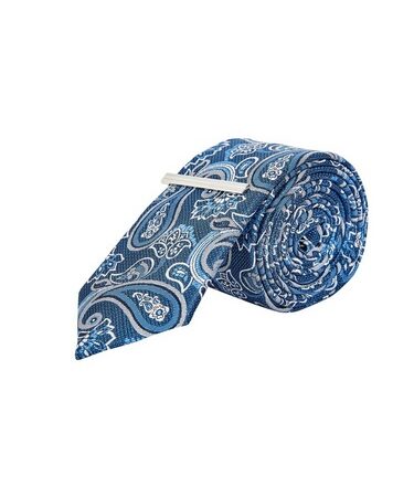Mens Blue Bold Paisley Tie With A Clip, BRIGHT BLUE