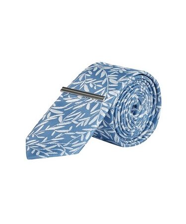 Mens Light Blue Bamboo Leaf Design Tie With Clip, LT BLUE