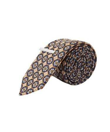 Mens Navy And Rust Geometric Design Tie With A Clip, NAVY