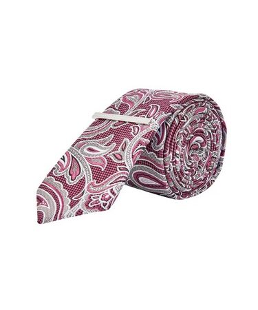 Mens Pink Bold Paisley Tie With A Clip, PINK