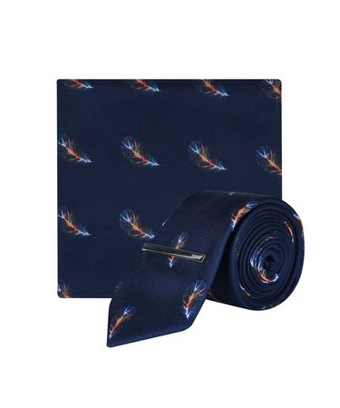 Mens 1904 Navy Blue Feather Print Tie, Pocket Square And Clip Set*, Blue