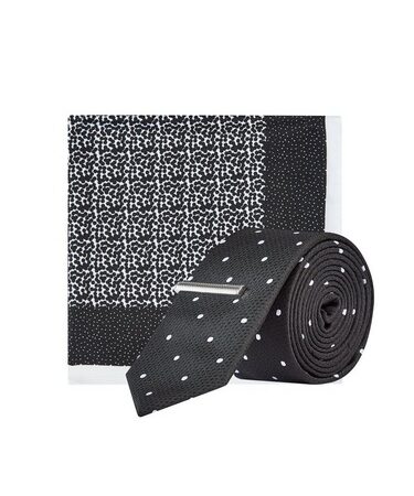 Mens Black Mini Polka Dot Tie, Pocket Square And Clip Set, BLACK