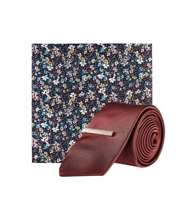 Mens Burgundy Tie With Clip And Ditsy Floral Pocket Square Set, BURGUNDY