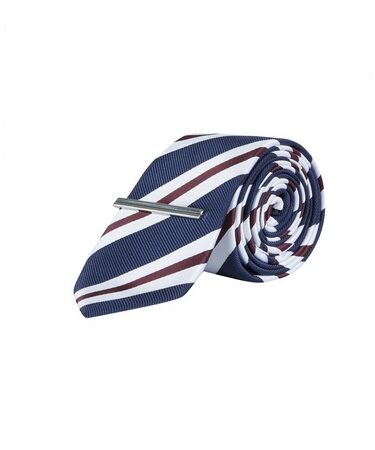 Mens Navy And Burgundy Stripe Tie With A Clip, NAVY