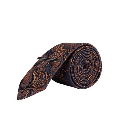 Mens Navy And Rust Paisley Tie With Clip, Blue