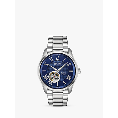 Bulova 96A218 Men's Wilton Automatic Heartbeat Bracelet Strap Watch, Silver/Blue