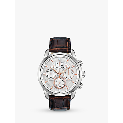 Bulova 96B309 Men's Sutton Date Chronograph Leather Strap Watch, Brown/Silver