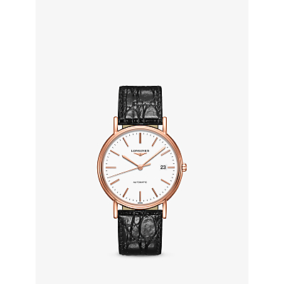 Longines L49211122 Men's Presence Automatic Date Leather Strap Watch, Black/White